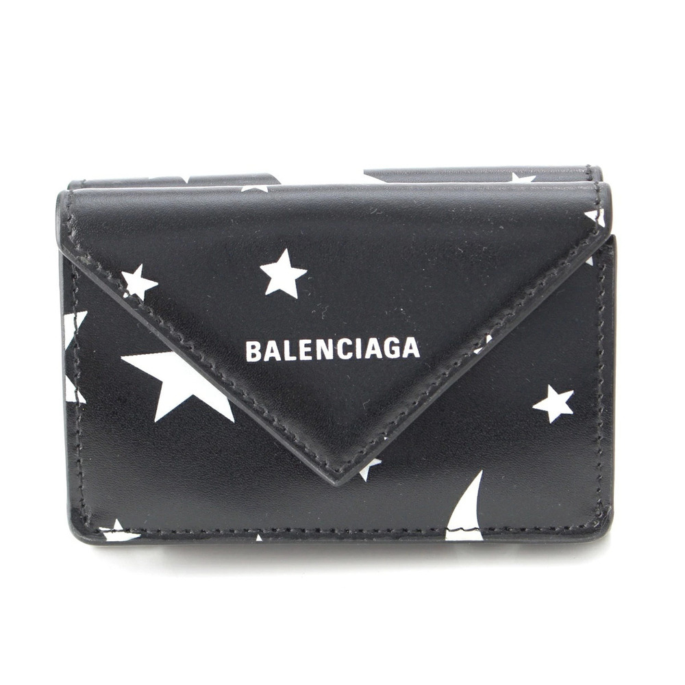 Balenciaga Leather Star Paper Compact Wallet Tri fold Black x White